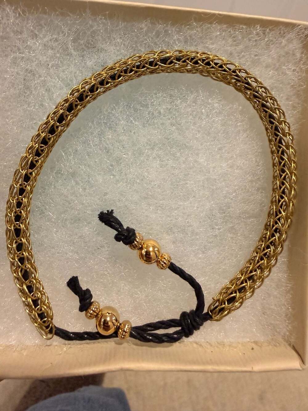 Gold Mesh Tube Bracelet with Silk Cord and Beads